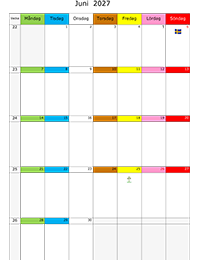 Månadskalender juni 2027 färgremsa