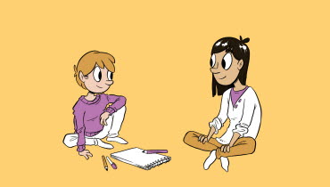 Illustration av en ungdom och en vuxen som sitter på golvet och ritar eller skriver i ett block.