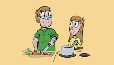 illustration av barn och förälder som lagar mat tillsammans
