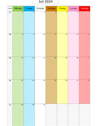 Månadskalender juli 2024 med färg