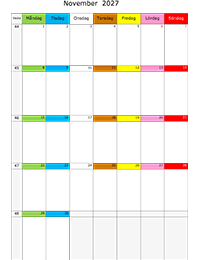 Månadskalender november 2027 färgremsa