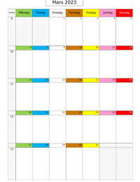 Månadskalender mars 2023 med färgremsa