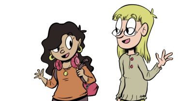 Tecknad bild på två unga personer som går och pratar
