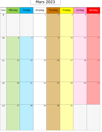  Månadskalender mars 2023 med färg