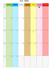 Månadskalender med färg juni 2026