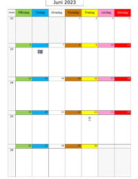 Månadskalender juni 2023 med färgremsa