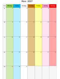 Månadskalender mars 2027 med färg