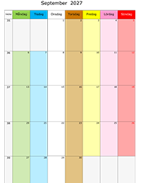 Månadskalender september 2027 med färg