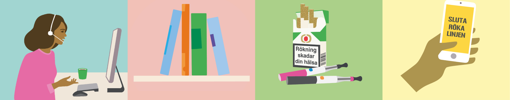 illustrationer med en kvinna vid en dator, böcker, cigaretter och en hand som håller i en mobiltelefon