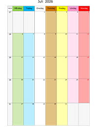 Månadskalender med färg juli 2026