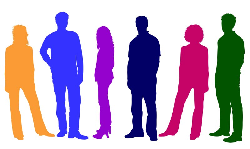 Silhuetter av sex unga kvinnor och män i olika färger. 