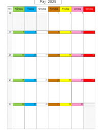 Månadskalender maj 2025 med färgremsa