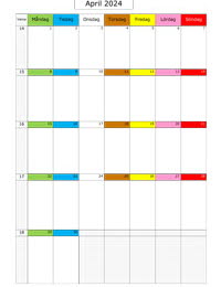 Månadskalender april 2024 med färgremsa