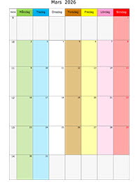 Månadskalender med färg mars 2026