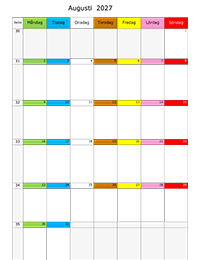 Månadskalender augusti 2027 färgremsa