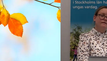 Skolsköterskan Therese Dahlberg bredvid presentationsbild