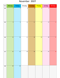 Månadskalender november 2027 med färg