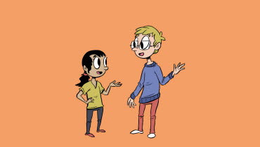 Illustration av ett barn och en vuxen som står och pratar med varandra. 