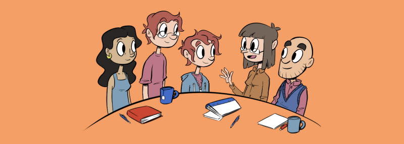 Tecknad bild av en ung person med flera vuxna runt ett bord