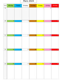 Månadskalender mars 2024 med färgremsa