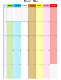 Månadskalender med färg januari 2026