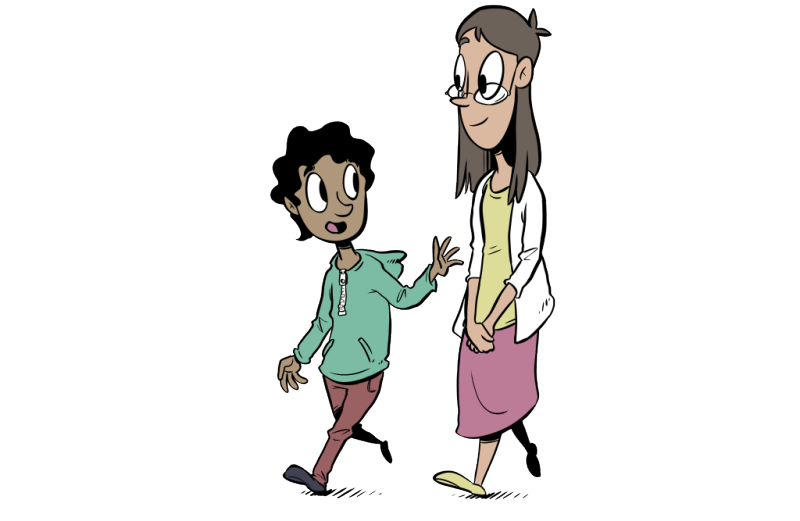 Tecknad bild av en ung person och en vuxen som går bredvid varandra och pratar