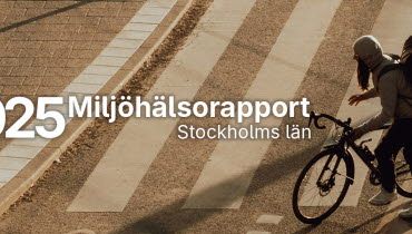 Bild av cyklisti gassande sol på brunaktig gata. Texten 2025 miljöhälsorapport stockholms län i förgrunden.