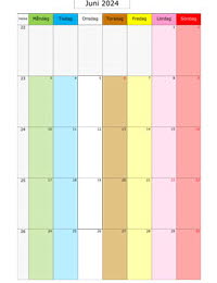 Månadskalender juni 2024 med färg