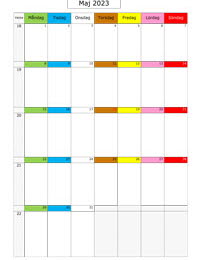 Månadskalender maj 2023 med färgremsa