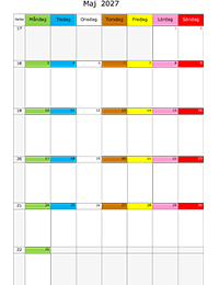 Månadskalender maj 2027 färgremsa