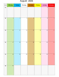 Månadskalender med färg augusti 2026