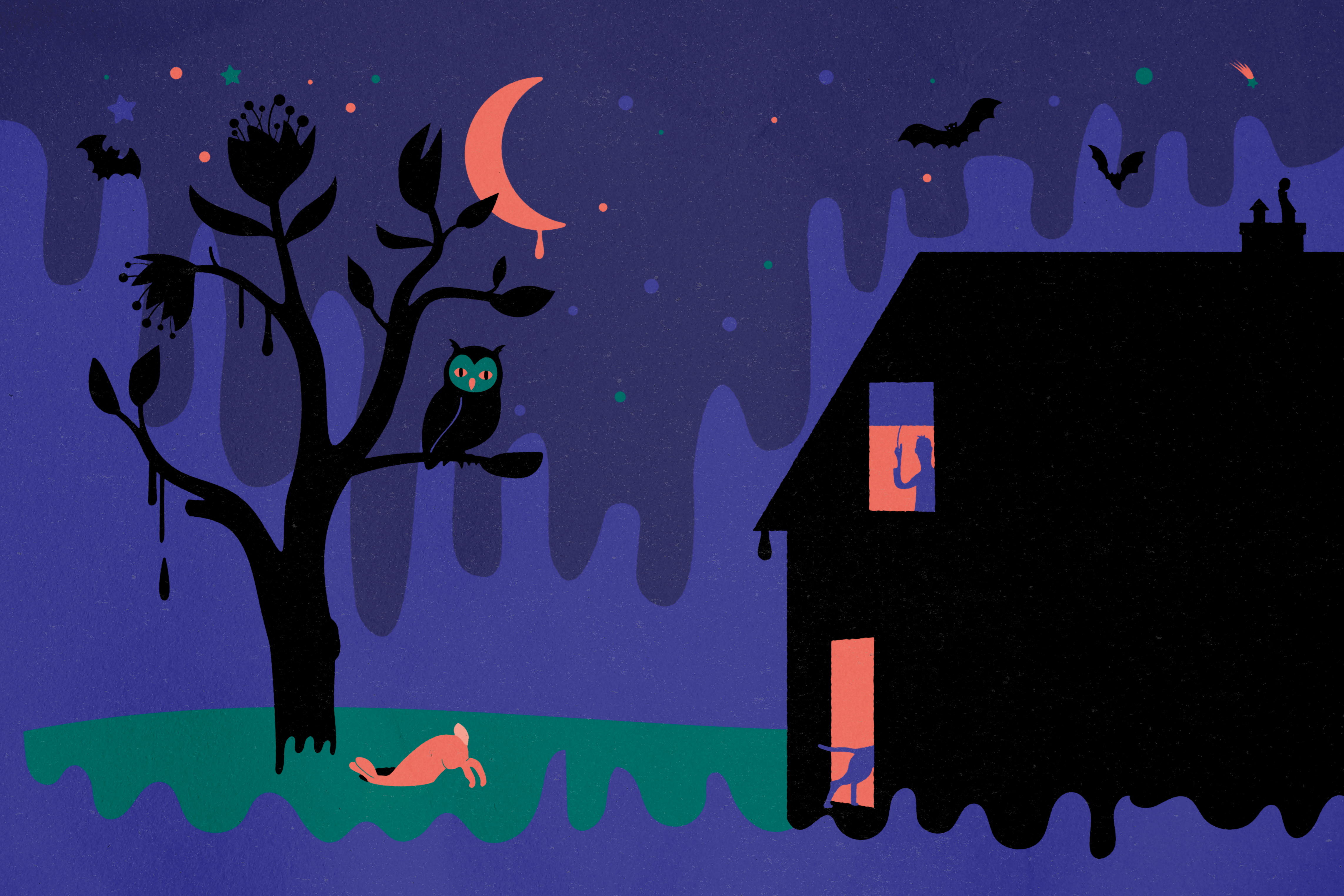 Illustration hus och träd på natten