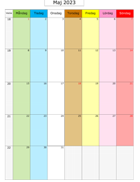 Månadskalender maj 2023 med färg