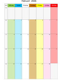 Månadskalender med färg februari 2026