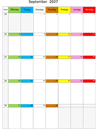 Månadskalender september 2027 färgremsa