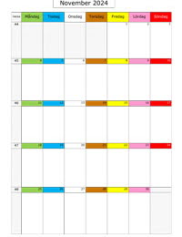 Månadskalender november 2024 med färgremsa