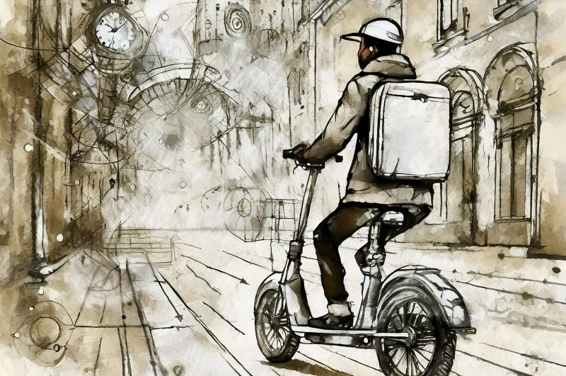 Manligt mopedbud med stor ryggsäck. Bearbetad AI illustration med en futuristisk känsla till Arbetshälsorapporten 2024 i en svart och beige färgskala.