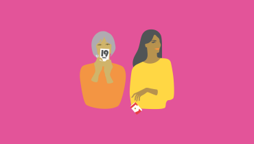 illustration av två kvinnor där den ena håller i en kalender och den andra släpper ett cigarettpaket