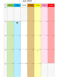 Månadskalender juni 2023 med färg
