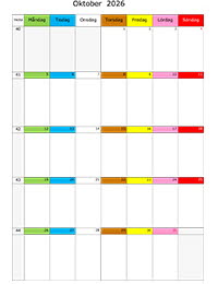 Månadskalender med färgremsa oktober 2026