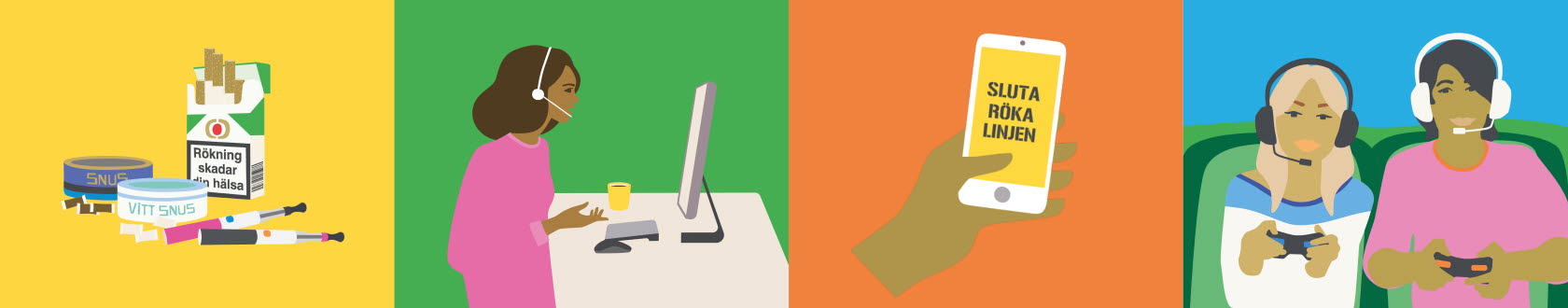 illustration av tobaks- och nikotinbprodukter, en rådgivare, en hand som håller i en telefon och ungdomar som spelar tv-spel