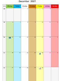 Månadskalender december 2027 med färg