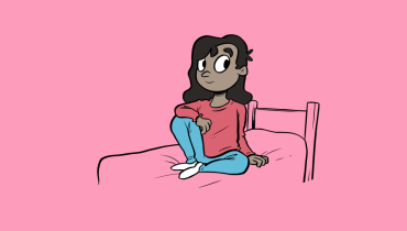 illustration av ett barn som sitter i sin säng