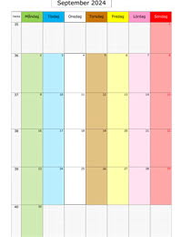 Månadskalender september 2024 med färg