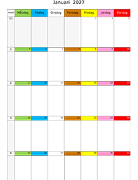 Månadskalender januari 2027 färgremsa