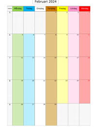 Månadskalender februari 2024 med färg