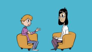 Illustration av en ungdom och en behandlare som sitter och pratar.