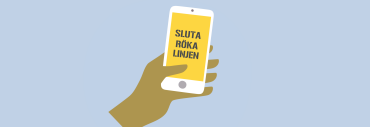 en hand håller i en mobiltelefon där det står Sluta-röka-linjen på skärmen