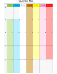 Månadskalender november 2023 med färg
