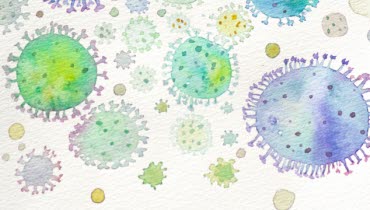 Teckning som föreställer coronavirus i blått, grönt och gult